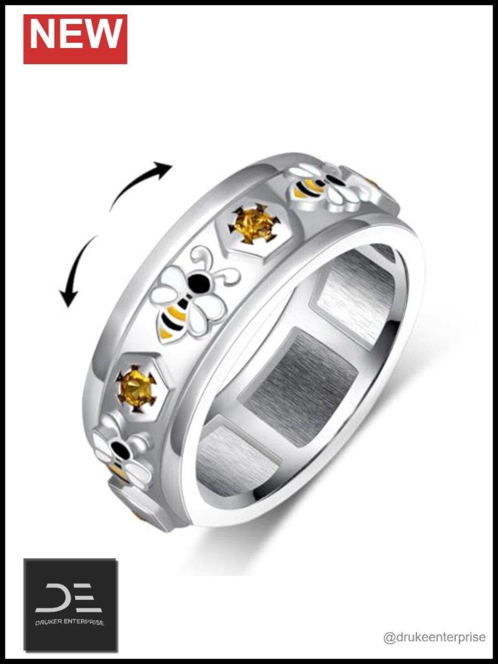 925 Sterling Silver Bumble Bee Spinner Ring Cubic Zirconia Bee Jewelry
